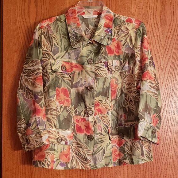 Very Pretty Floral Erin London Button Down Blouse - Sheer - Sz L - Picture 1 of 5